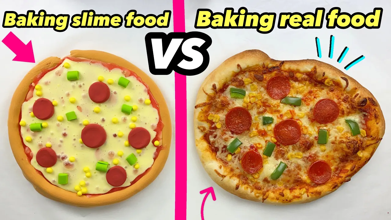 Baking real food VS slime CHALLENGE! Pizza edition! //Emmes krea-verden//