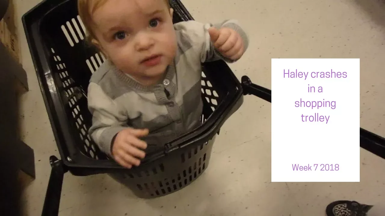 Haley crashes in a shopping trolley